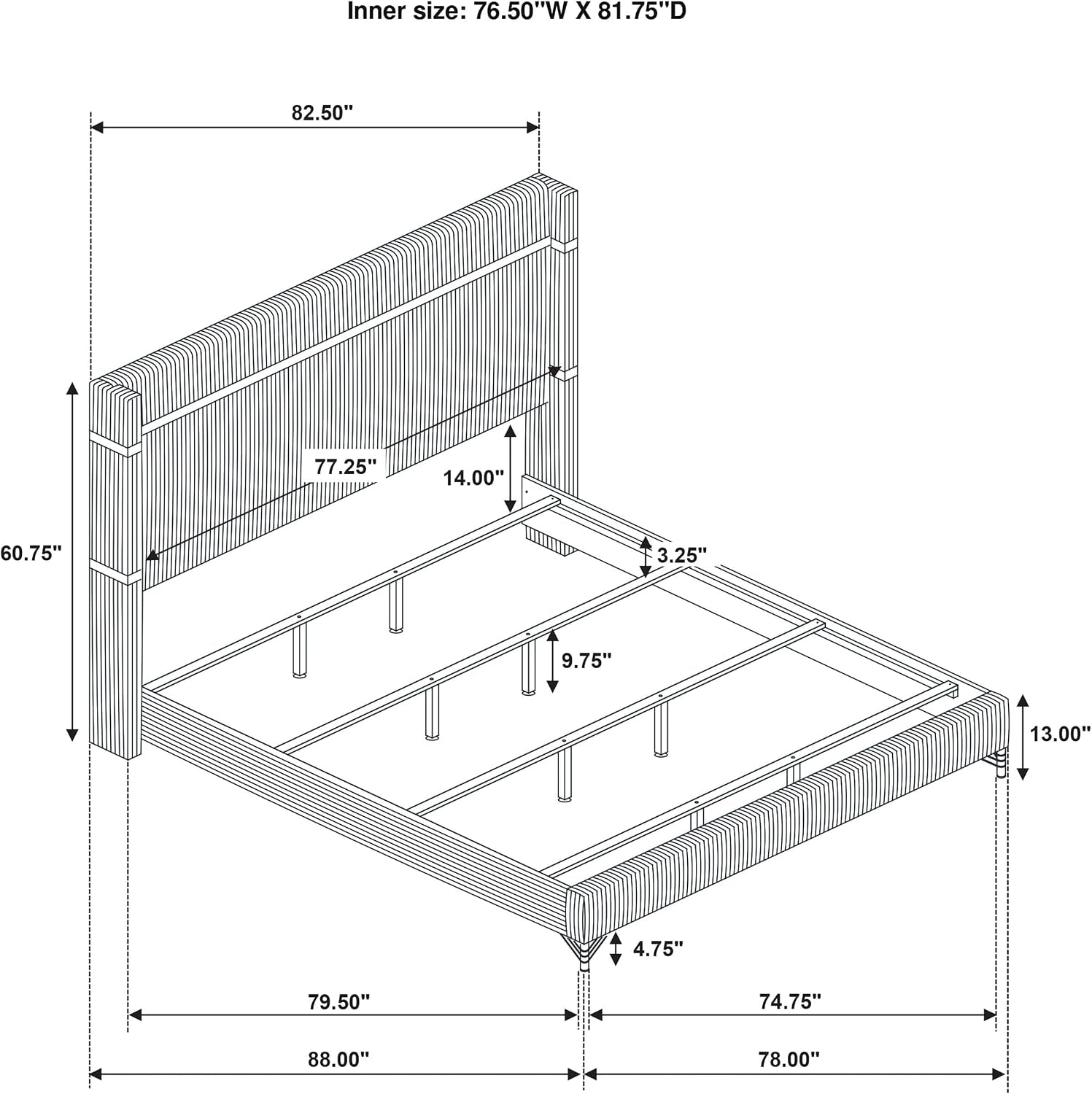 Line drawing dimension diagram of an upholstered wingback bed frame shown in perspective with annotated measurements.