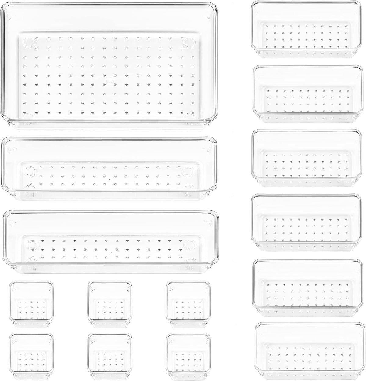 Clear plastic organizers laid out on white background showing all rectangular and square sizes