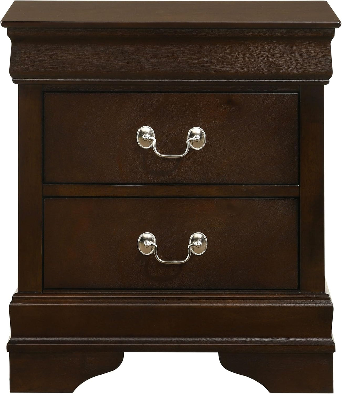 Front view of two-drawer wooden nightstand with decorative base and silver-toned bail handles