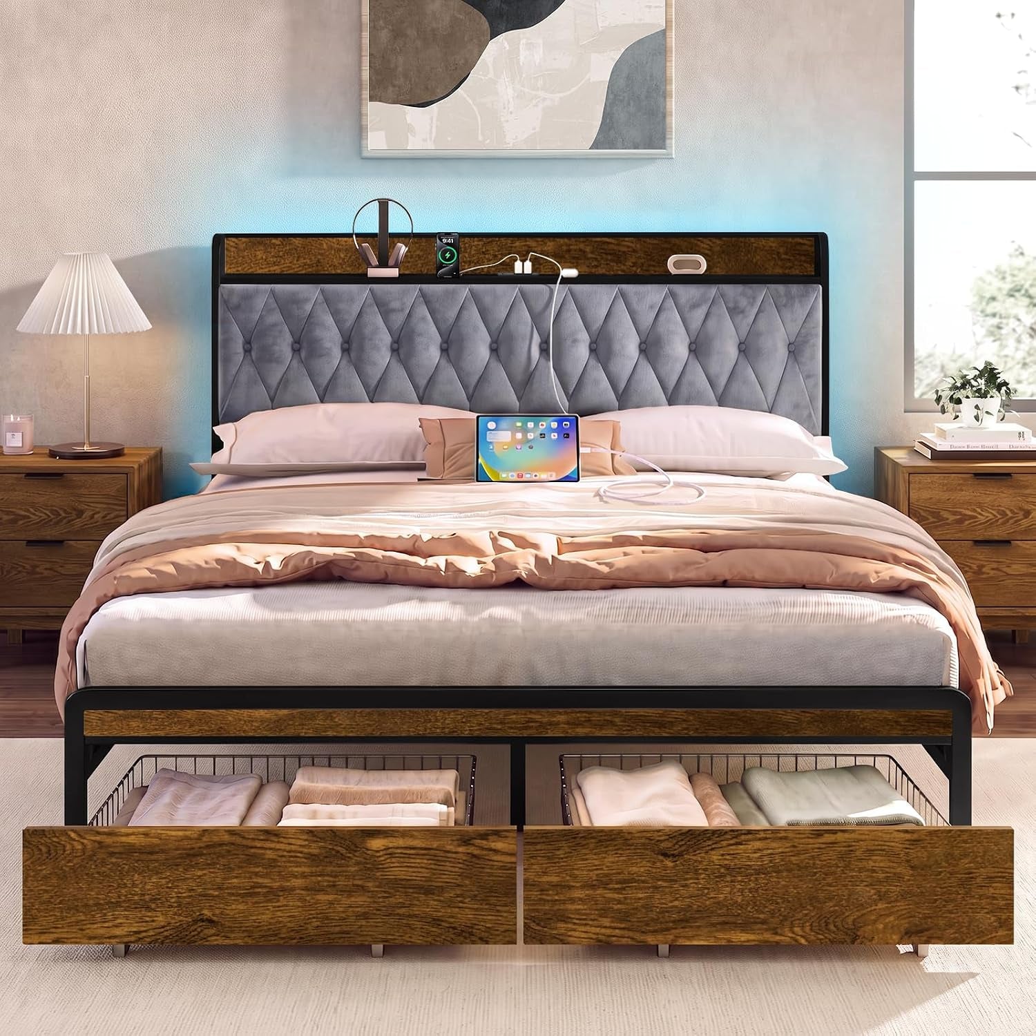 Front view of velvet-upholstered bed with open wooden front drawers and illuminated LED headboard