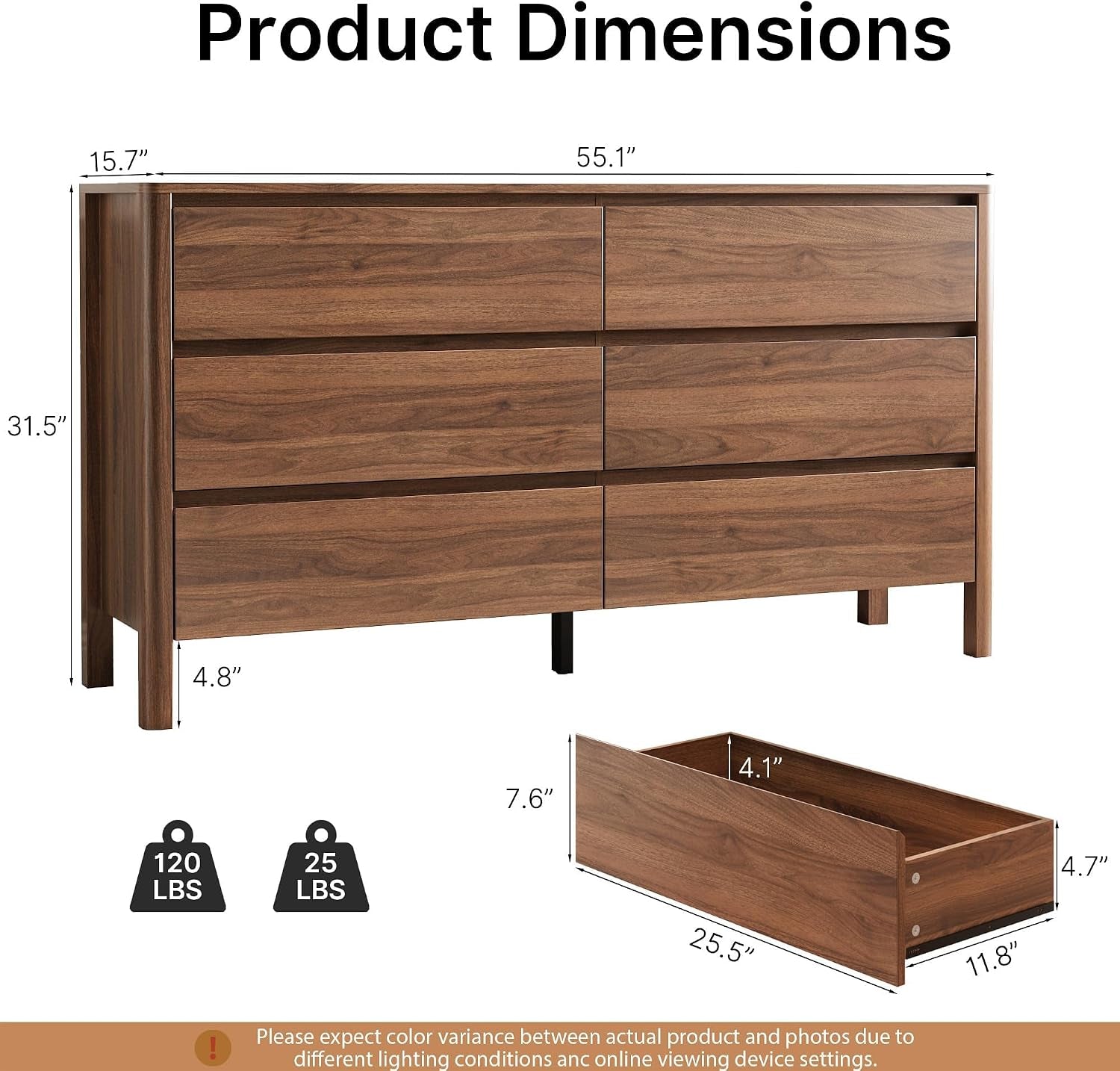Walnut dresser dimension diagram showing 55.1" width, 31.5" height and drawer box measurements