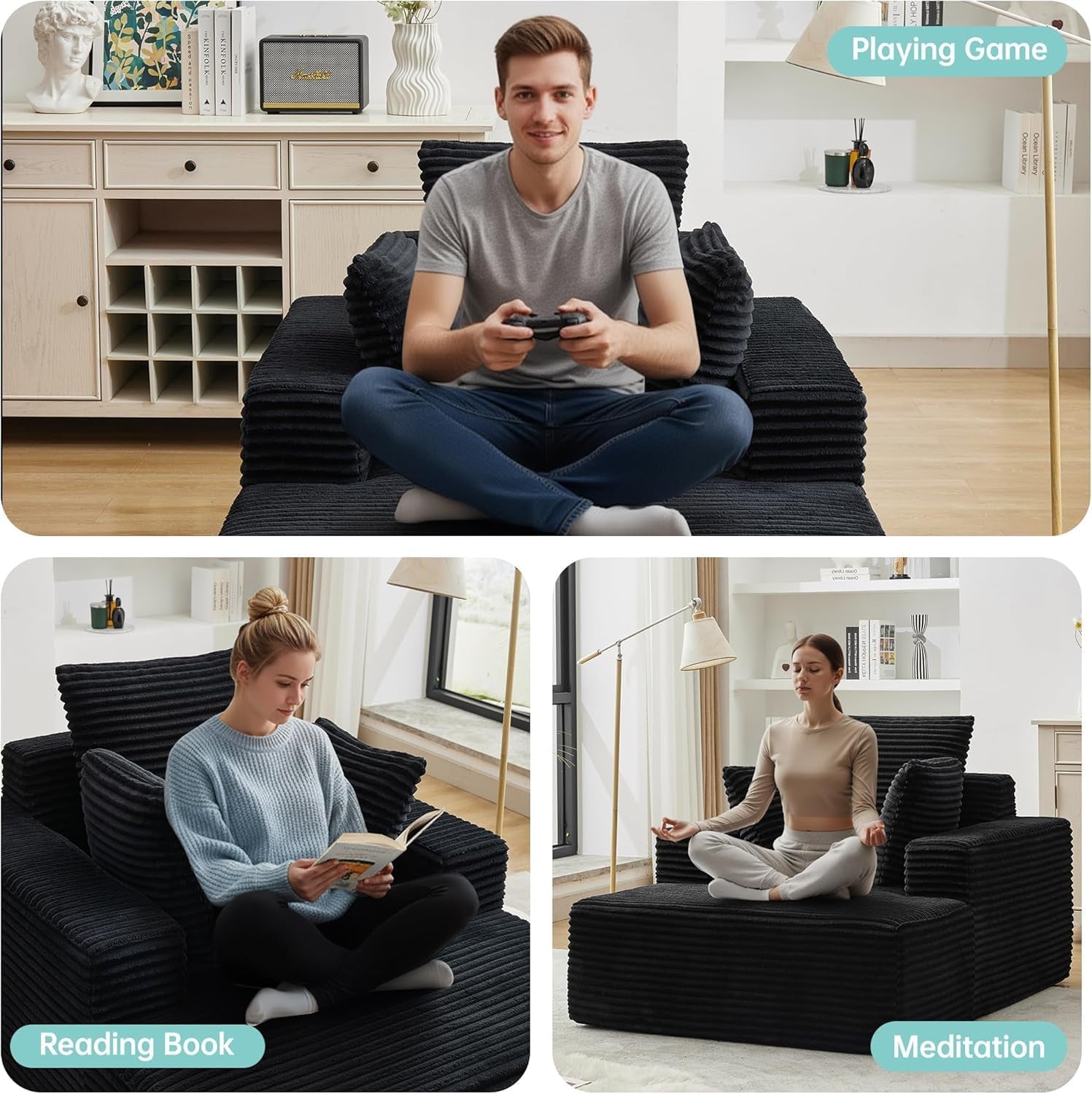 Black chaise lounge shown used for gaming, reading, and meditation with different people sitting
