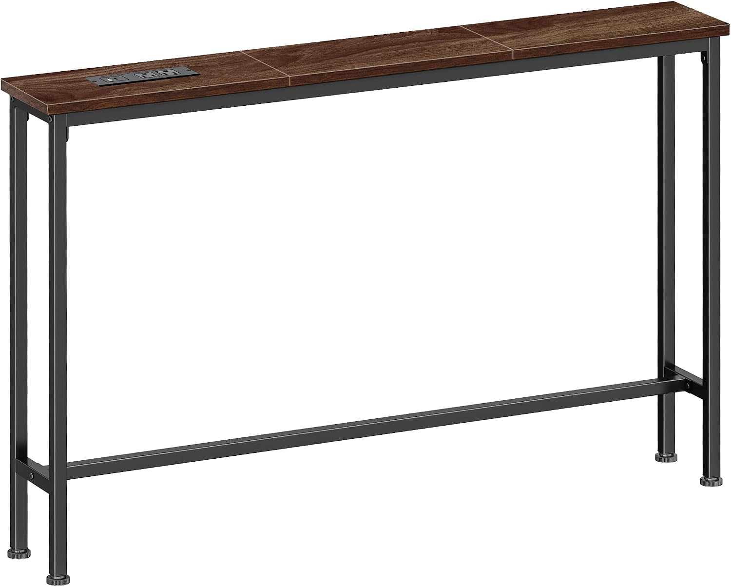 Front-facing view of a narrow brown wood console table with a black metal frame and a built-in power module on the top left.