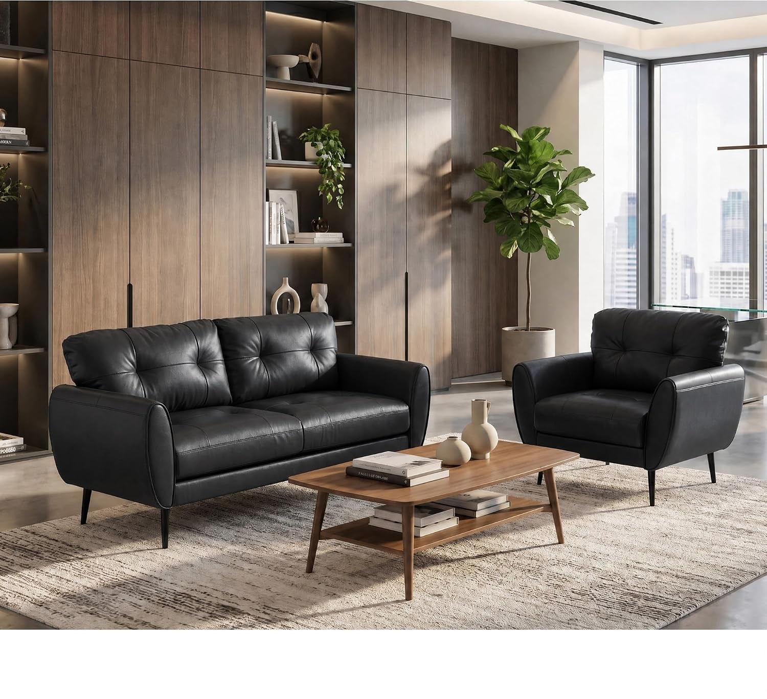 Modern living room featuring a black tufted loveseat and matching black armchair with a wooden coffee table.