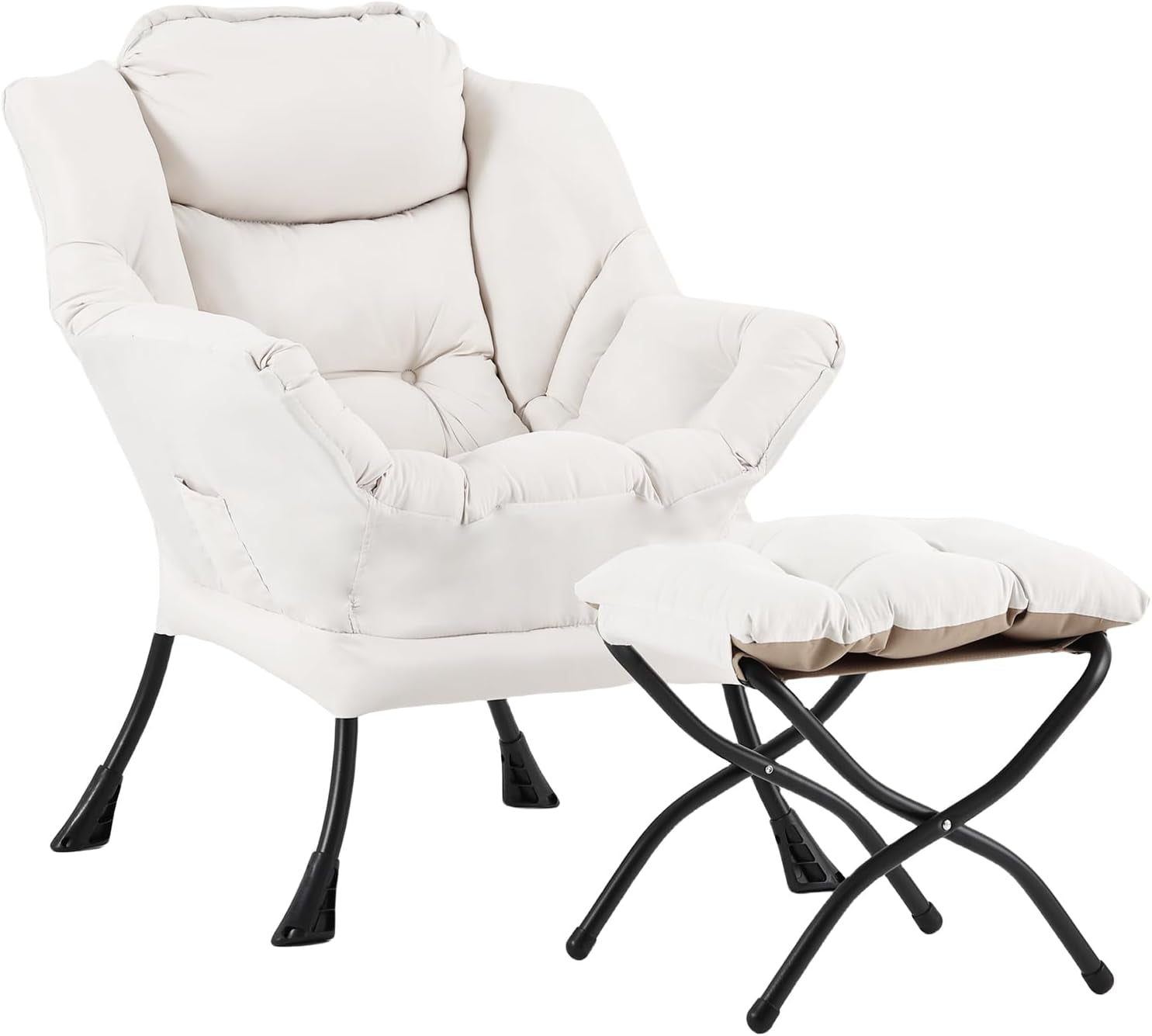 Cream tufted padded chair with matching foldable ottoman on black metal legs, angled view
