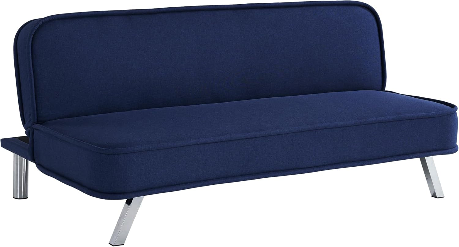 Front view of navy futon sofa upright on white background with chrome angled legs.