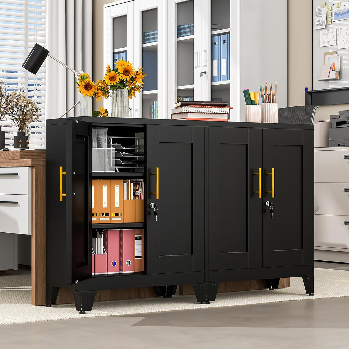 Black three-door storage cabinet in an office scene, one door open to reveal shelves stocked with files and organizers.