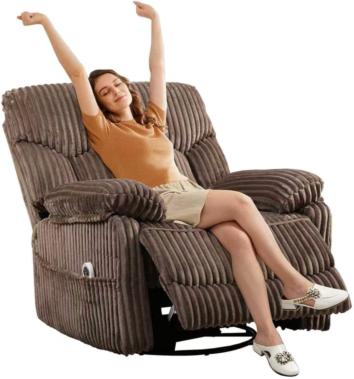Three-quarter view of a brown ribbed fabric power recliner with footrest extended and woman stretching.