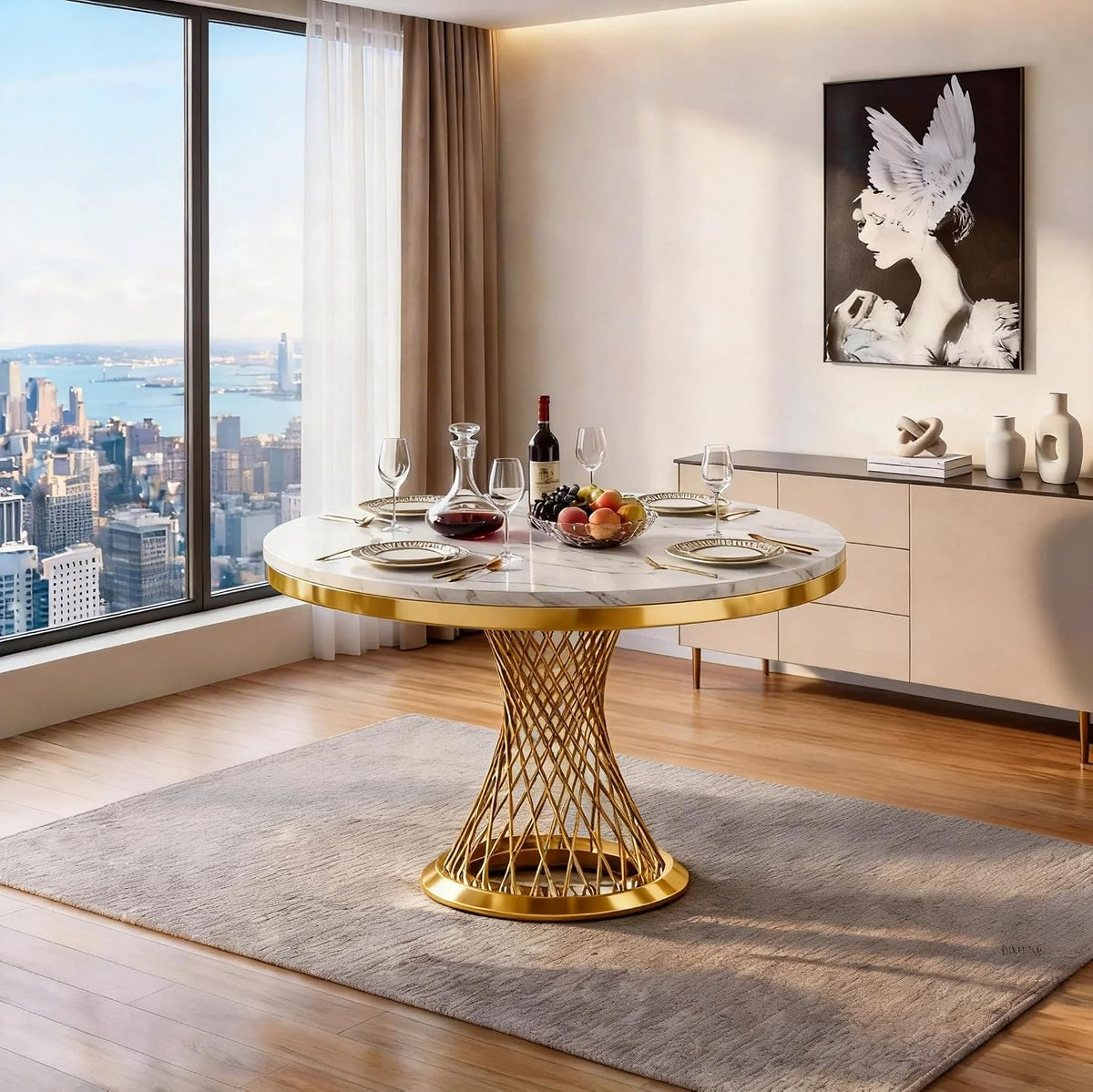 Round white faux marble dining table with gold spiral stainless steel base, angled front view in a bright dining room