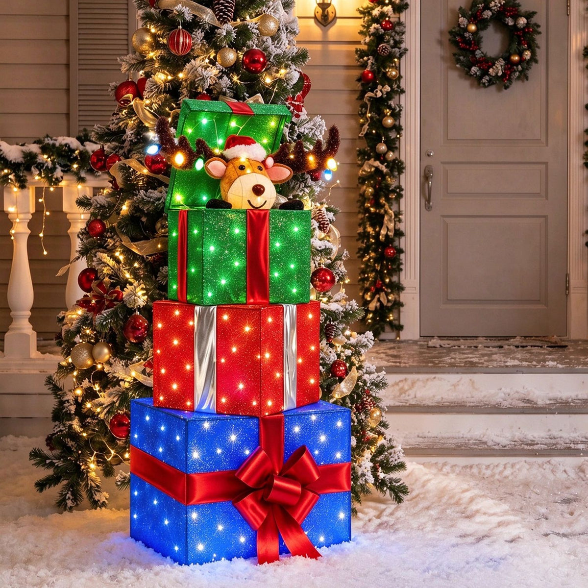 Lighted gift boxes topped by a reindeer stand on snow in front of a decorated tree and entryway.