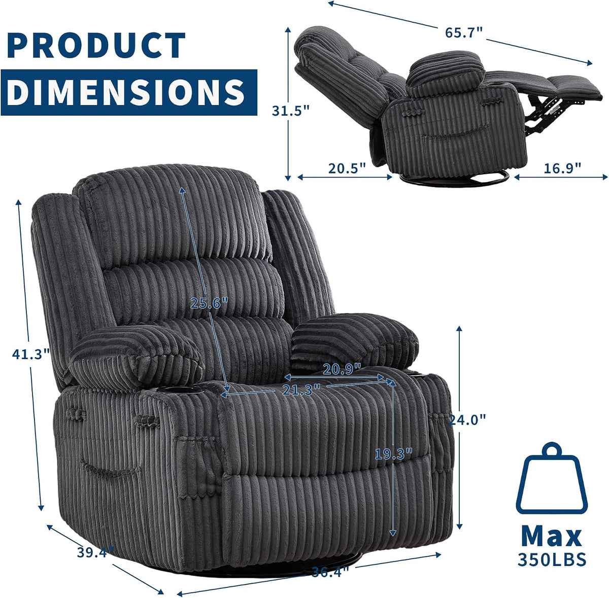Dark gray recliner shown with measurement overlays and side view illustrating reclining positions