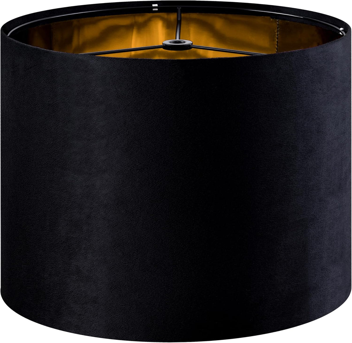 Close-up top view of a black drum lampshade showing inner spider fitter and gold-toned lining.