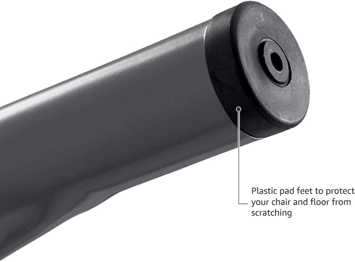 Close-up of a dark gray metal chair leg showing a round plastic pad foot to protect the floor