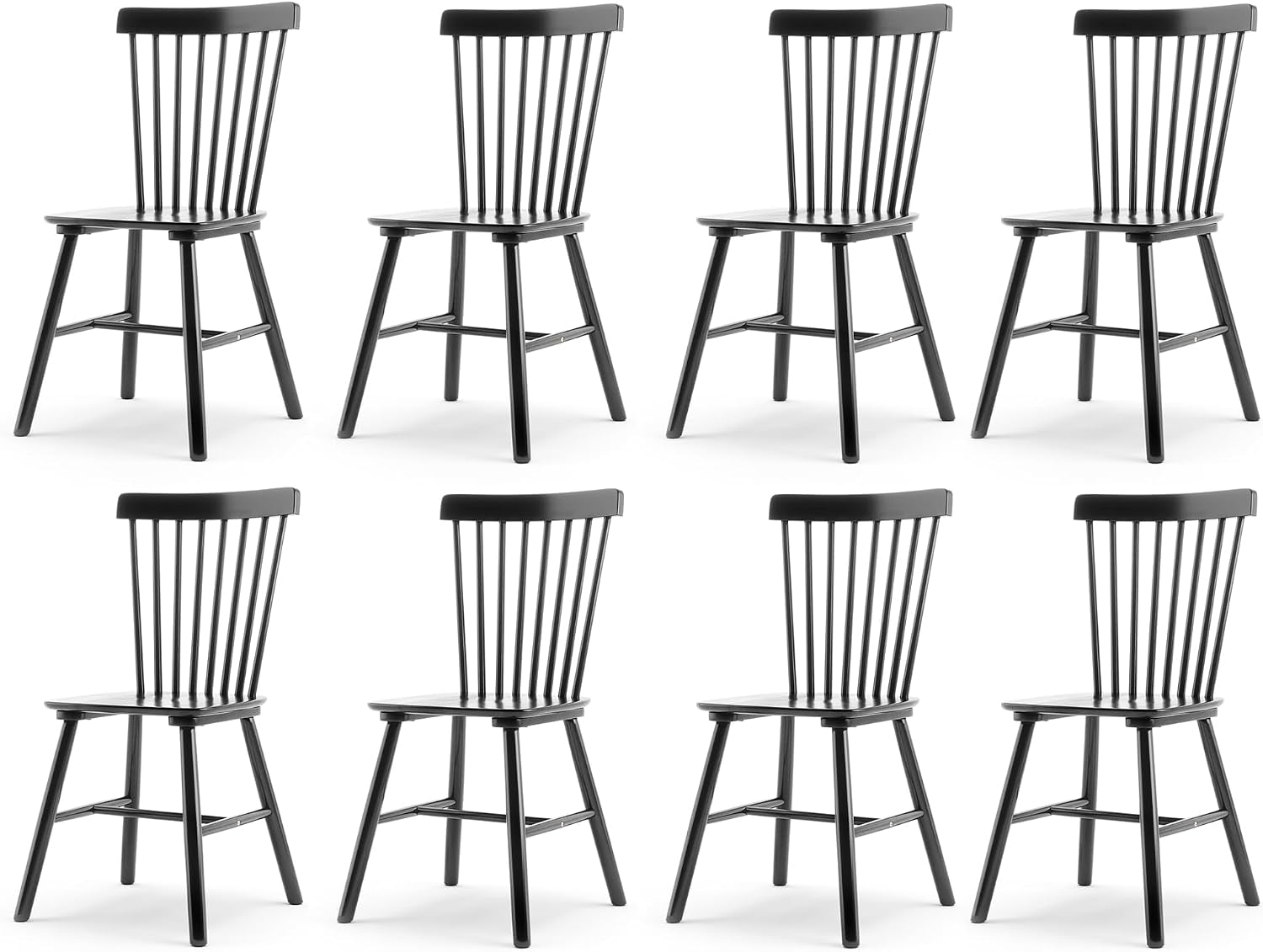 Eight black spindle-back wooden chairs shown in two rows on a white background
