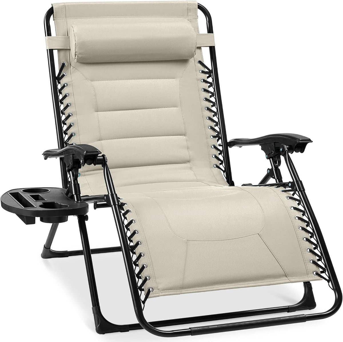 Low-angle view of a beige padded zero-gravity recliner showing seat padding, laced side cords and left cup tray