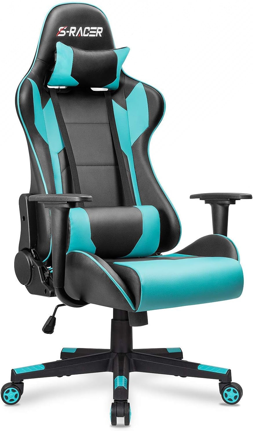 Front three-quarter view of a teal and black racing-style office chair with lumbar pillow and five-star base