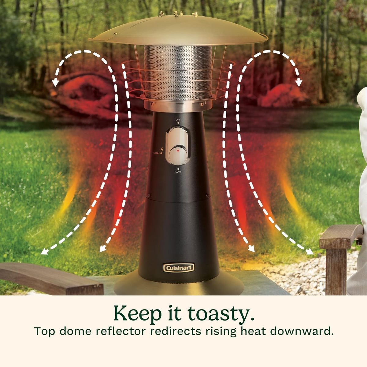 Black tabletop patio heater outdoors with heat-flow graphics showing redirected warmth