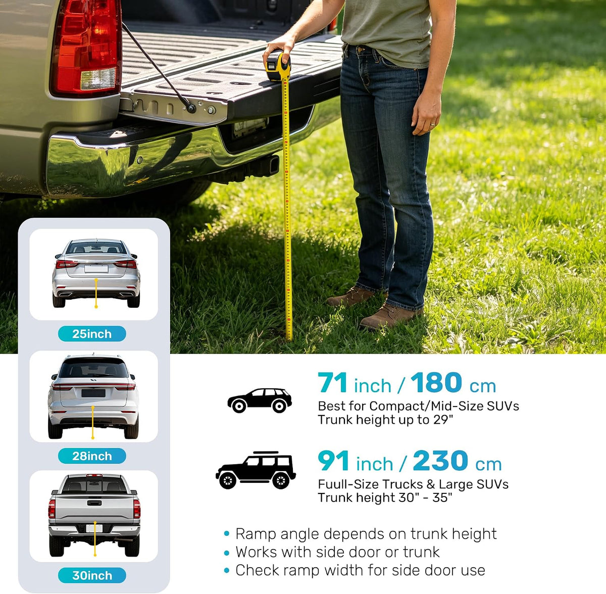 Person measuring the height of a pickup bed with a tape measure and vehicle height icons at left.
