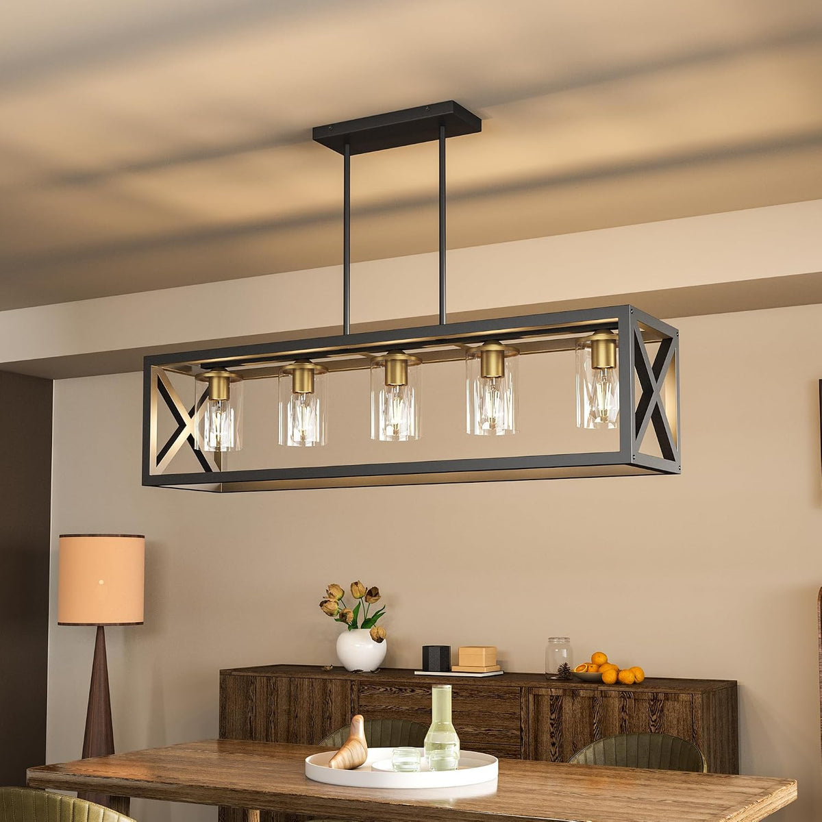 Rectangular chandelier hung from a rectangular ceiling canopy by two straight rods, casting soft ceiling shadows over a wood