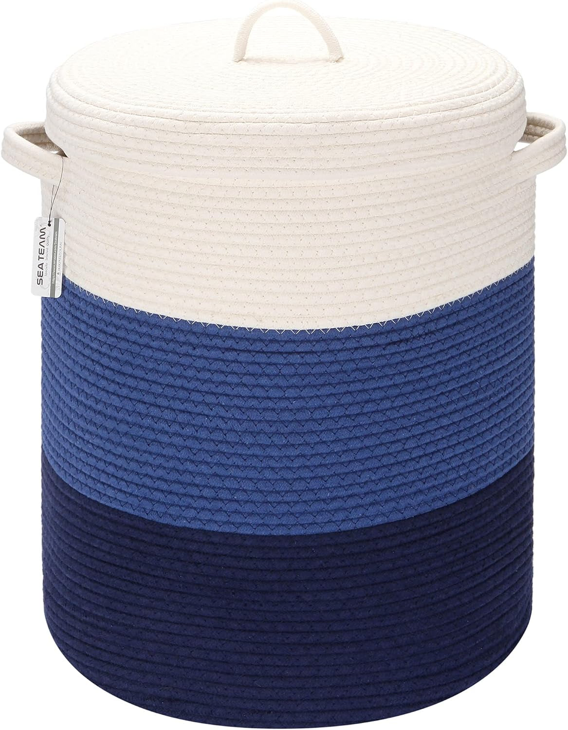 Angled front view of round cotton rope laundry basket with lid on; white top and two blue bands, side handles visible