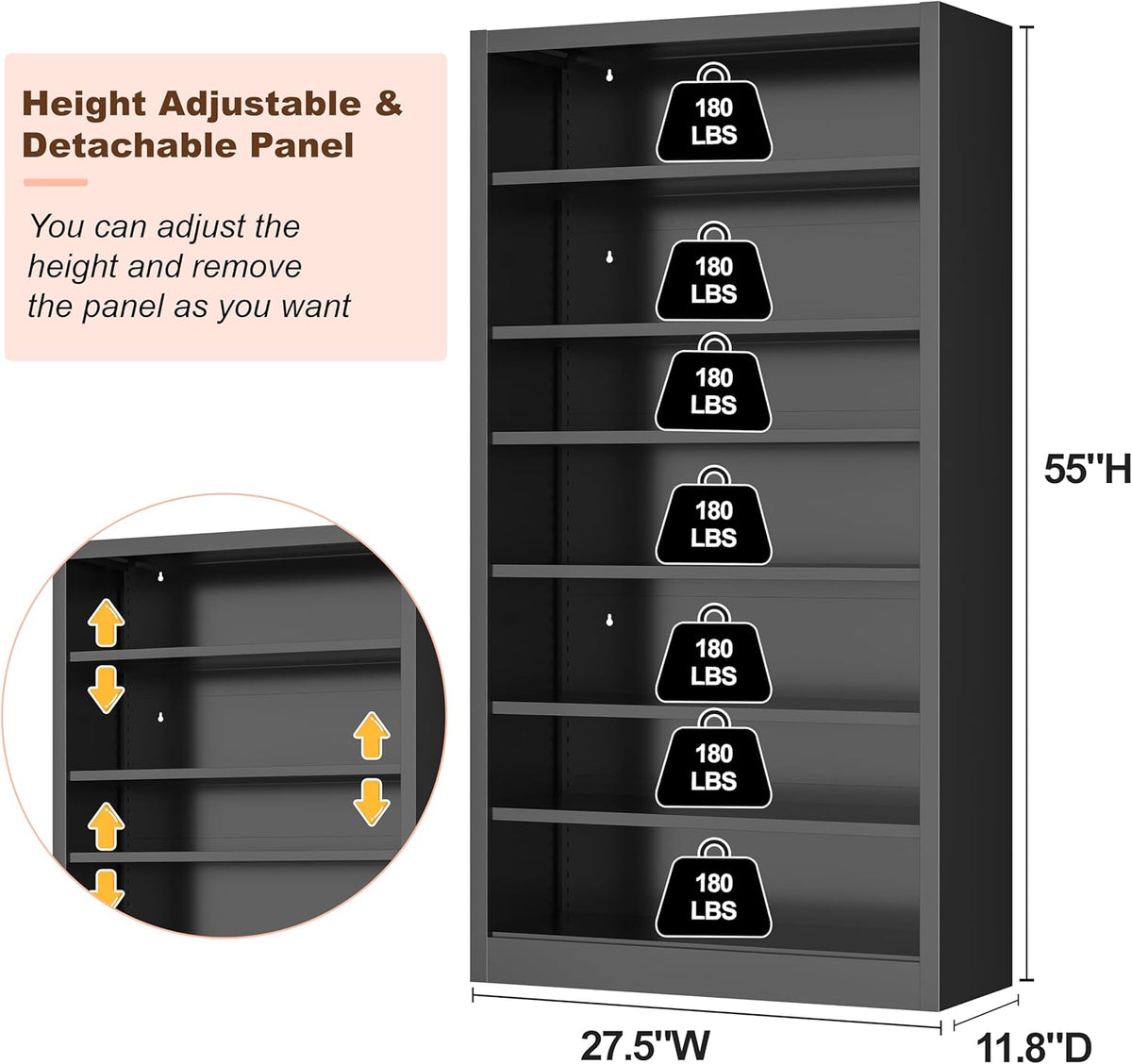 Tall black metal cabinet with shelf-height adjustment arrows and overlaid dimension markers on a white background.