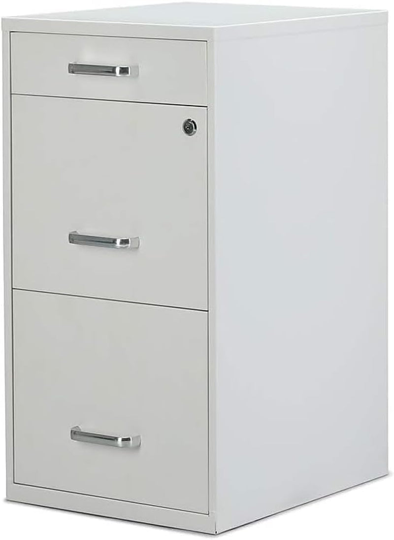 Tall white metal file cabinet with three drawers and chrome handles seen from front-right.