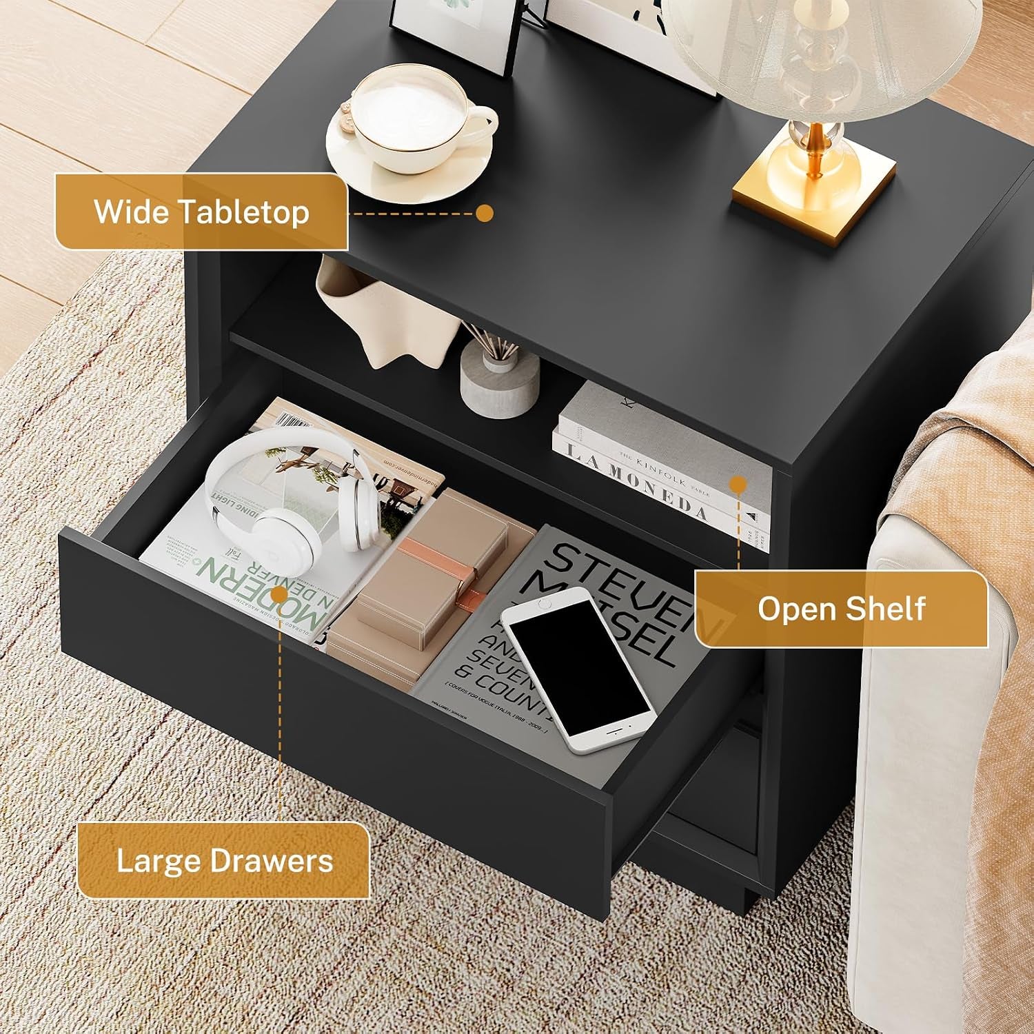 Top-down close view of a nightstand drawer pulled out showing wide tabletop, open shelf and large drawer interior