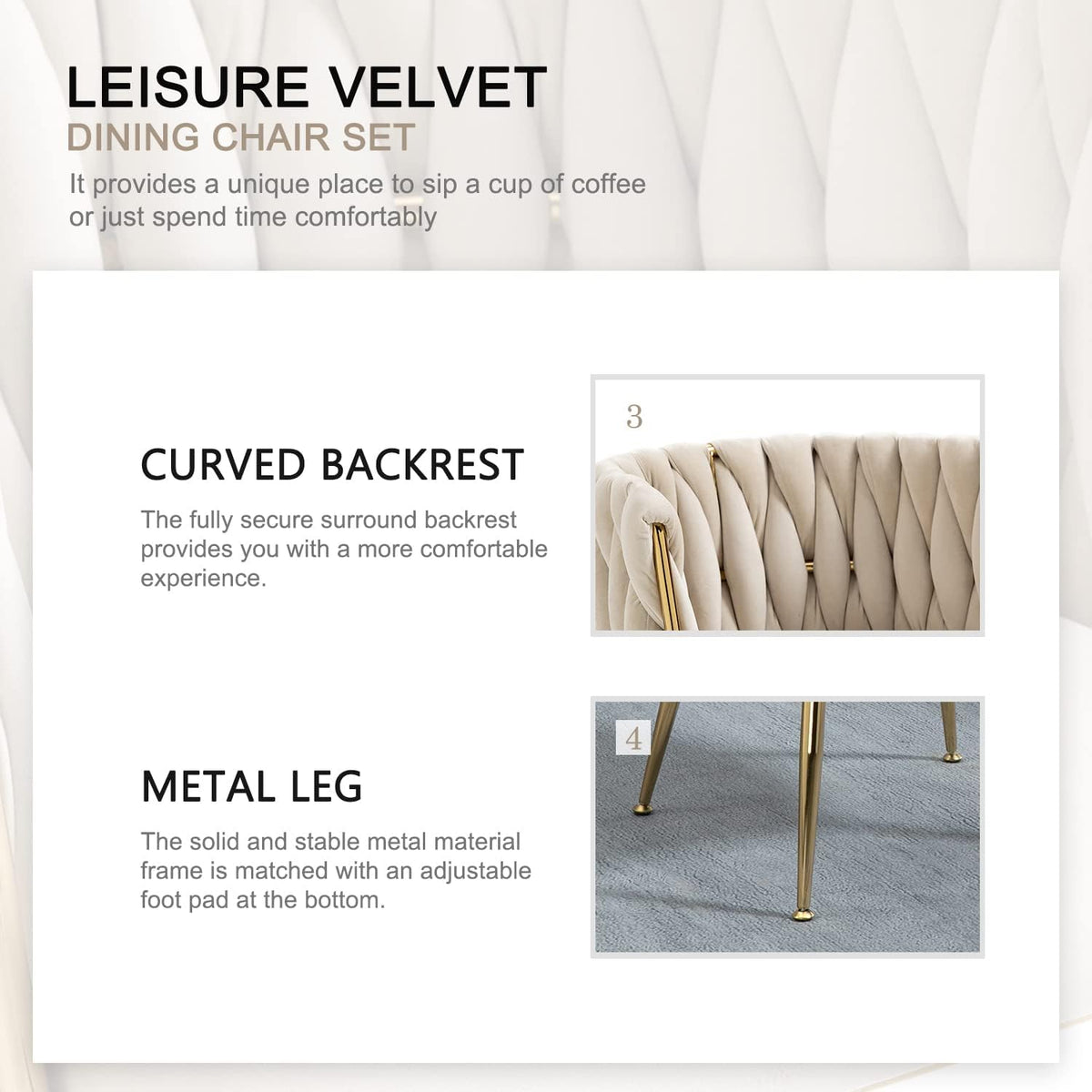 Feature layout showing closeups of the chair's quilted curved backrest and a gold metal leg on a white page.