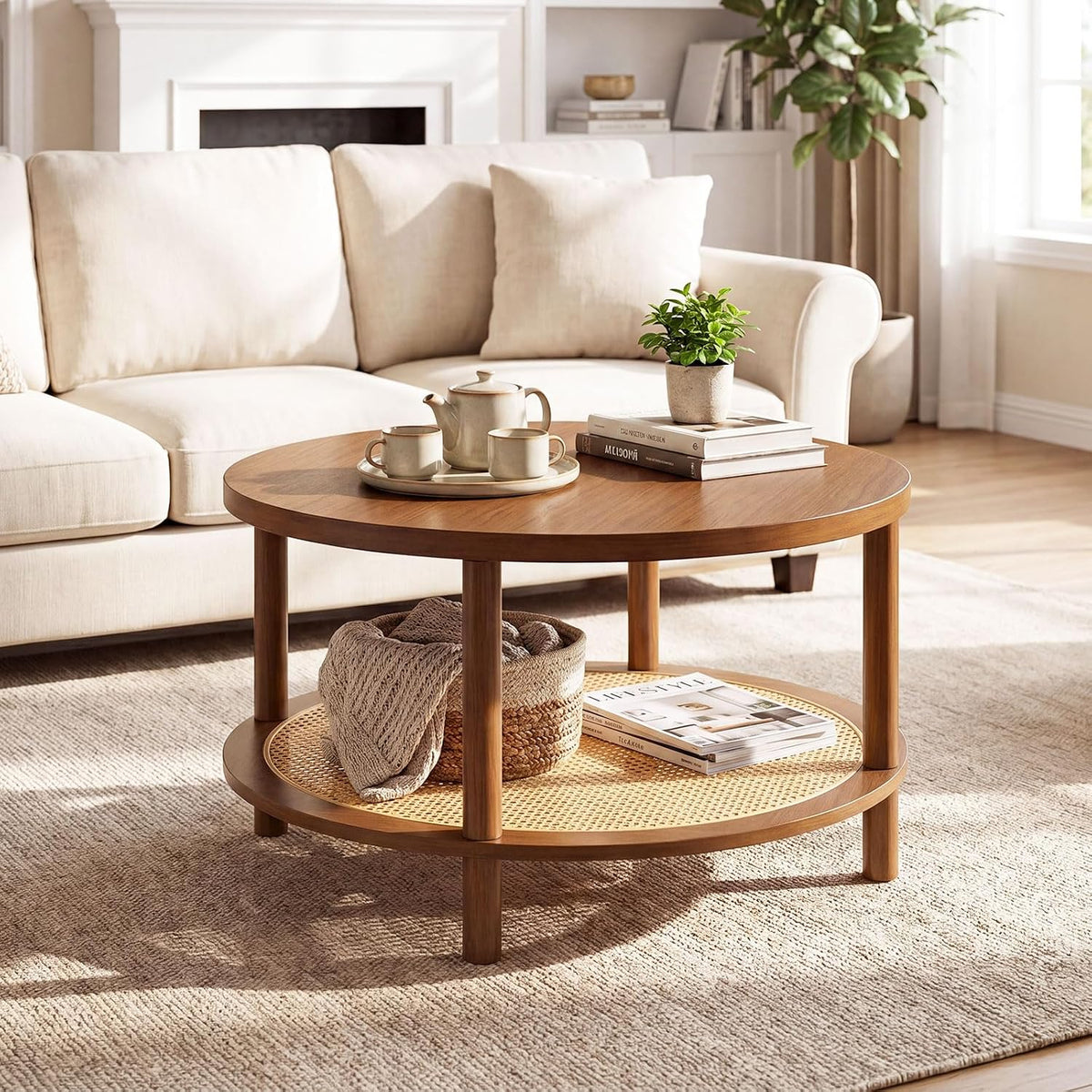Brown round rattan coffee table front angle with sofa and rug in a bright living room