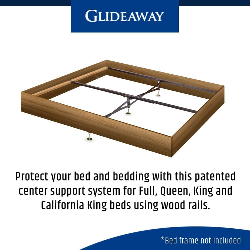 Three steel cross rails and X-support installed in a wood-finish bed frame, elevated perspective showing leg placement