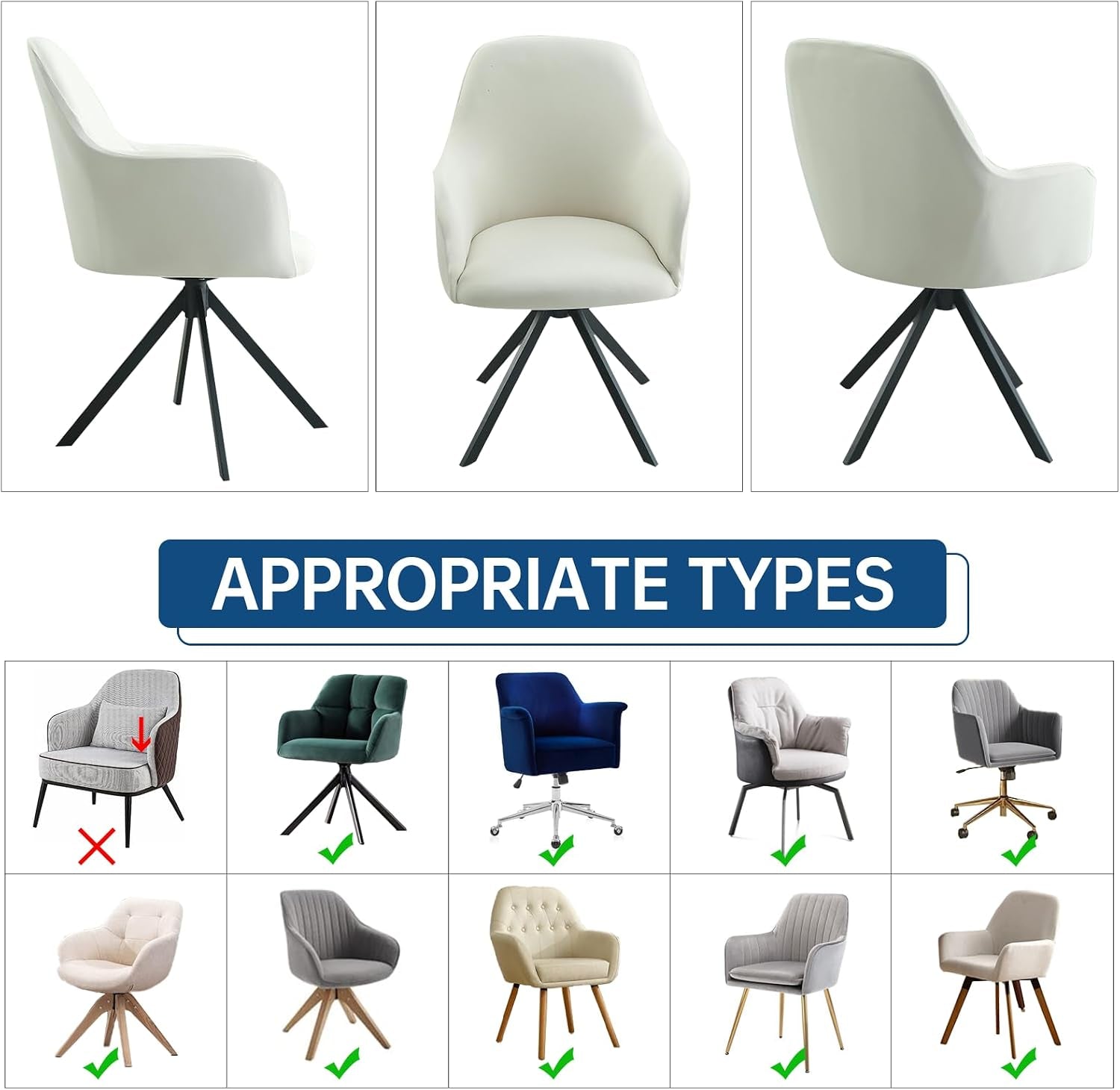 Three-panel display showing side, front and rear views of a white slipcover fitted to a mid-back armchair