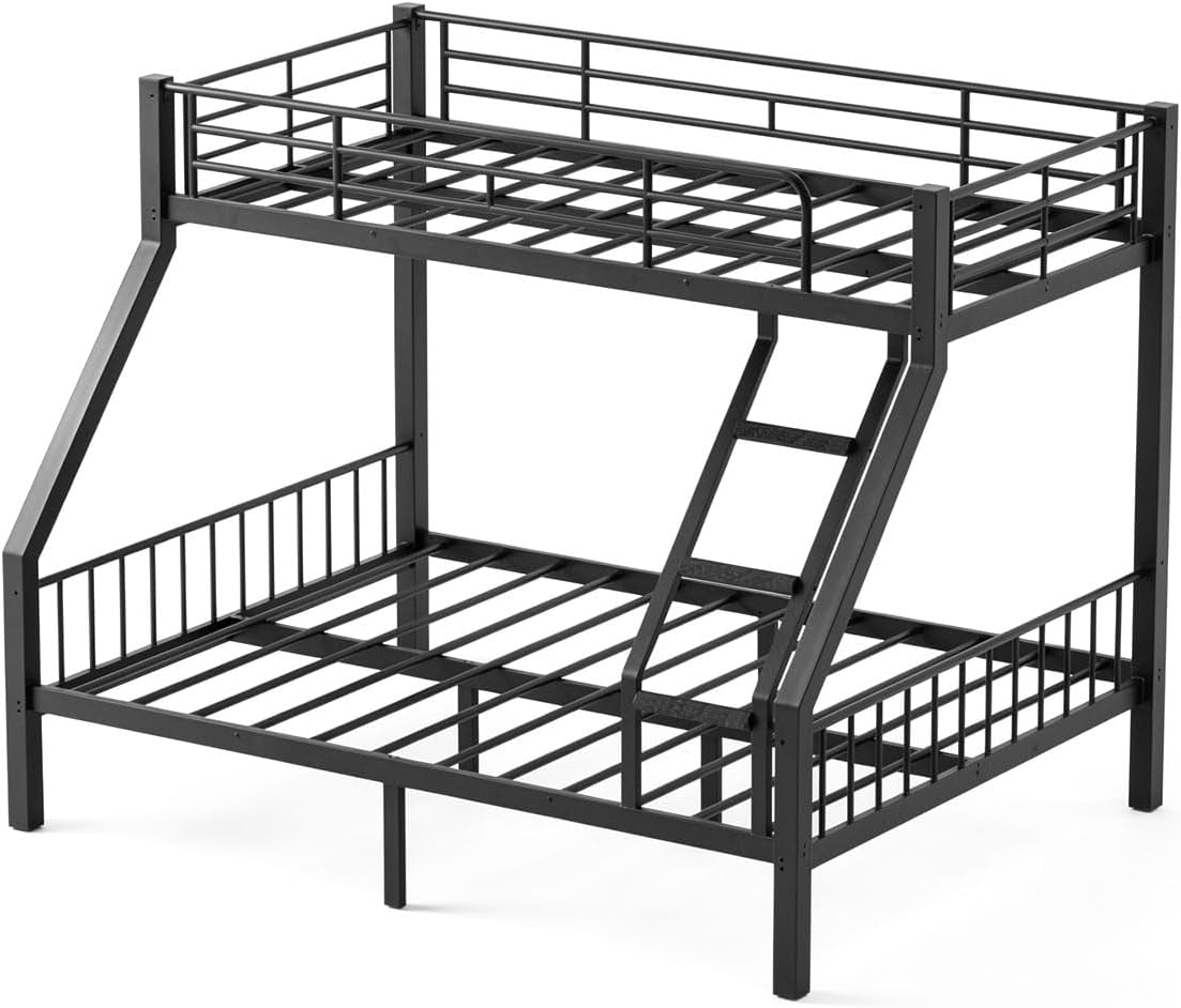 Three-quarter front view of a black metal twin-over-queen bunk frame showing slatted platforms, guardrails, and angled