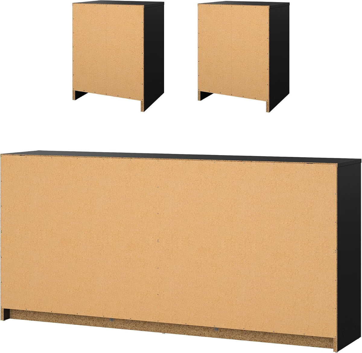 Rear view of the two nightstands and the six-drawer dresser showing the plain particleboard back panels