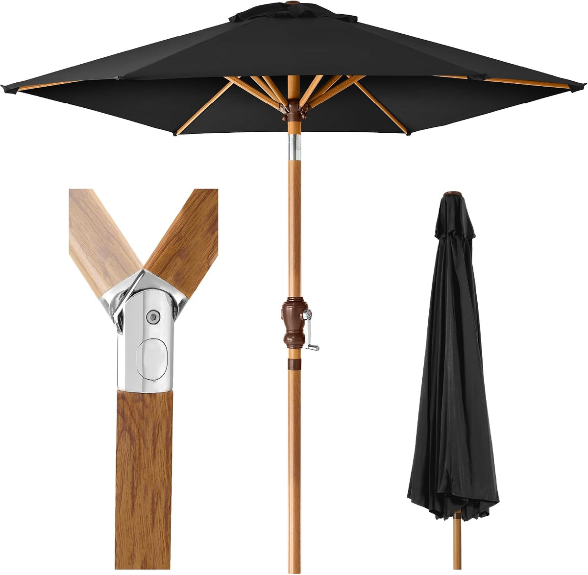 Front view of a black 10ft umbrella open with wood-look pole and folded closed canopy beside it