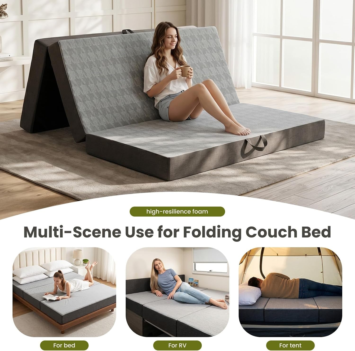 Woman sitting on a grey tri-fold mattress propped into a sofa shape with three small scene thumbnails below