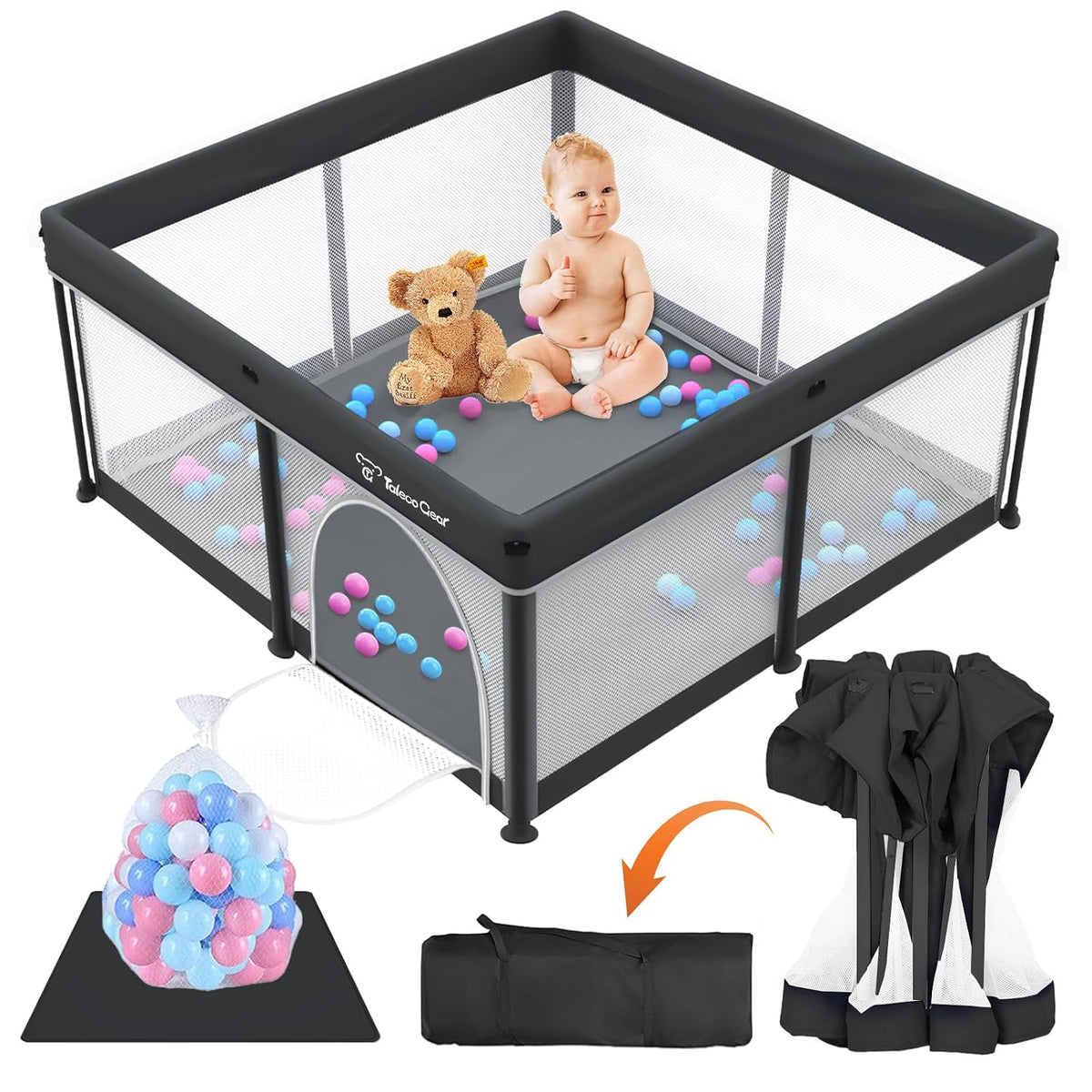 Top-front view of a square black mesh playpen with a baby, teddy, mat, balls and folded carry bag