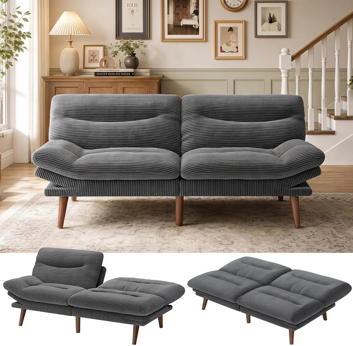 Front view of a charcoal gray corduroy futon sofa bed in a living room setting