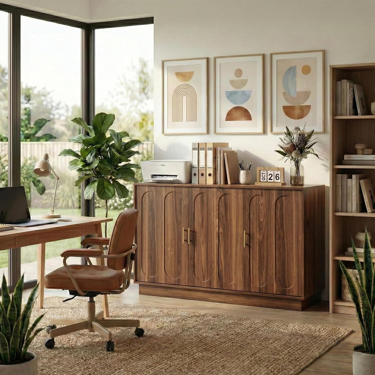 Brown storage sideboard positioned in a home office setting with a printer and files on the cabinet top
