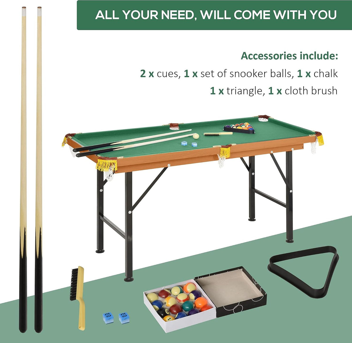 Accessories layout with two 37-inch cues, chalk, cloth brush, triangle rack and small pool balls beside the table