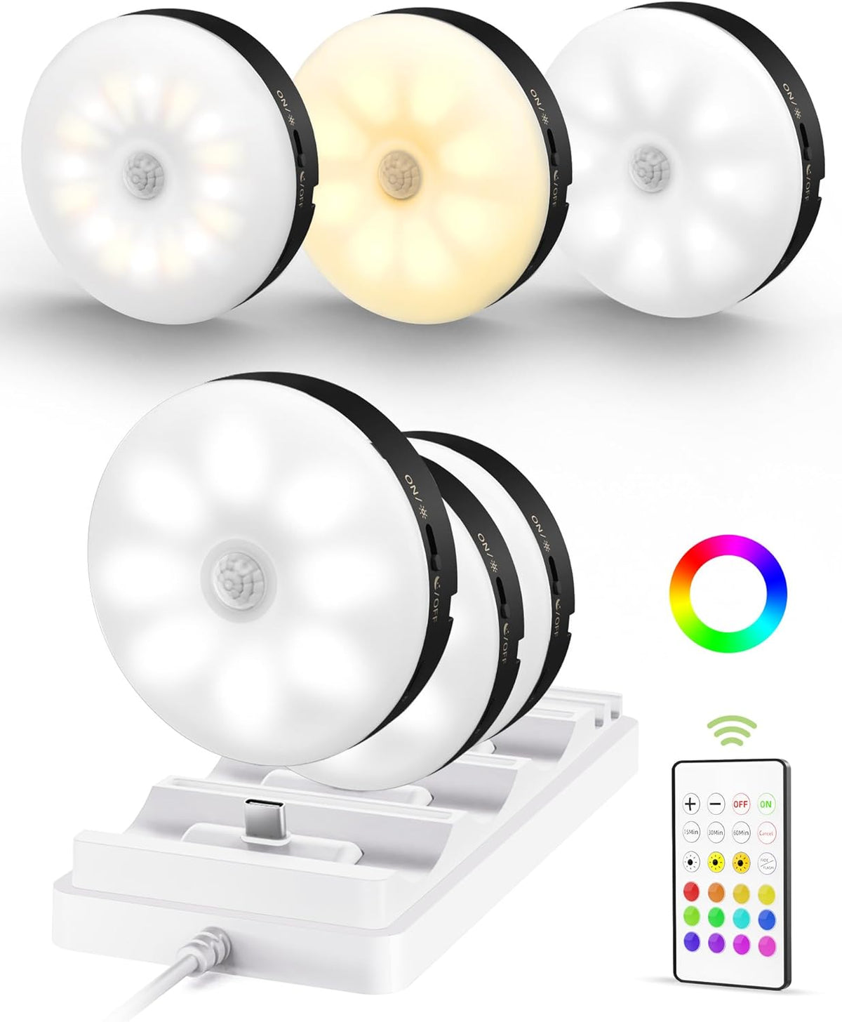 Three puck lights with black side trim displayed over a white charging cradle, remote and color wheel icon to the right.