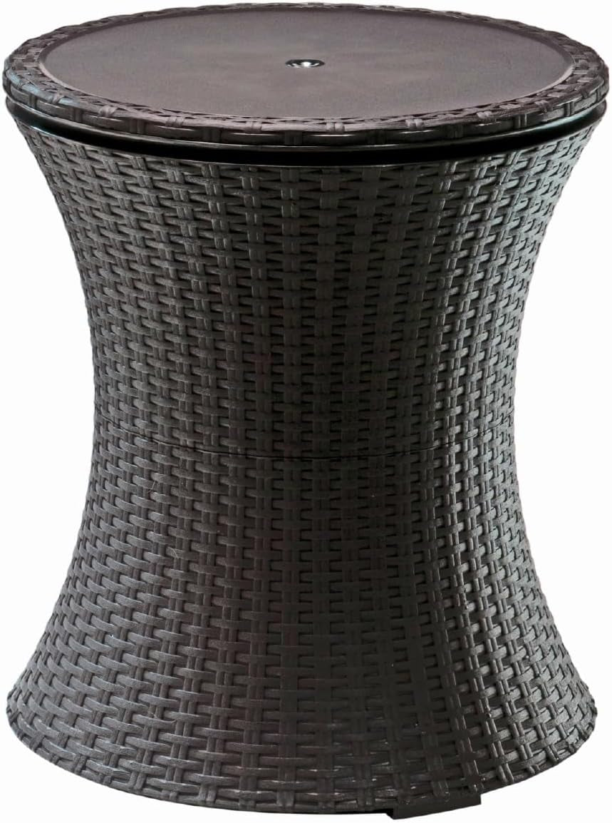 Dark brown round rattan-style outdoor side table with closed top, flared waist silhouette, front view.