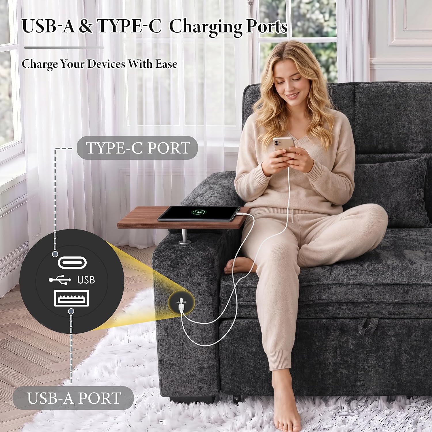Woman seated on a charcoal chenille sofa using her phone, cable plugged into a USB port at the arm with a swivel side table