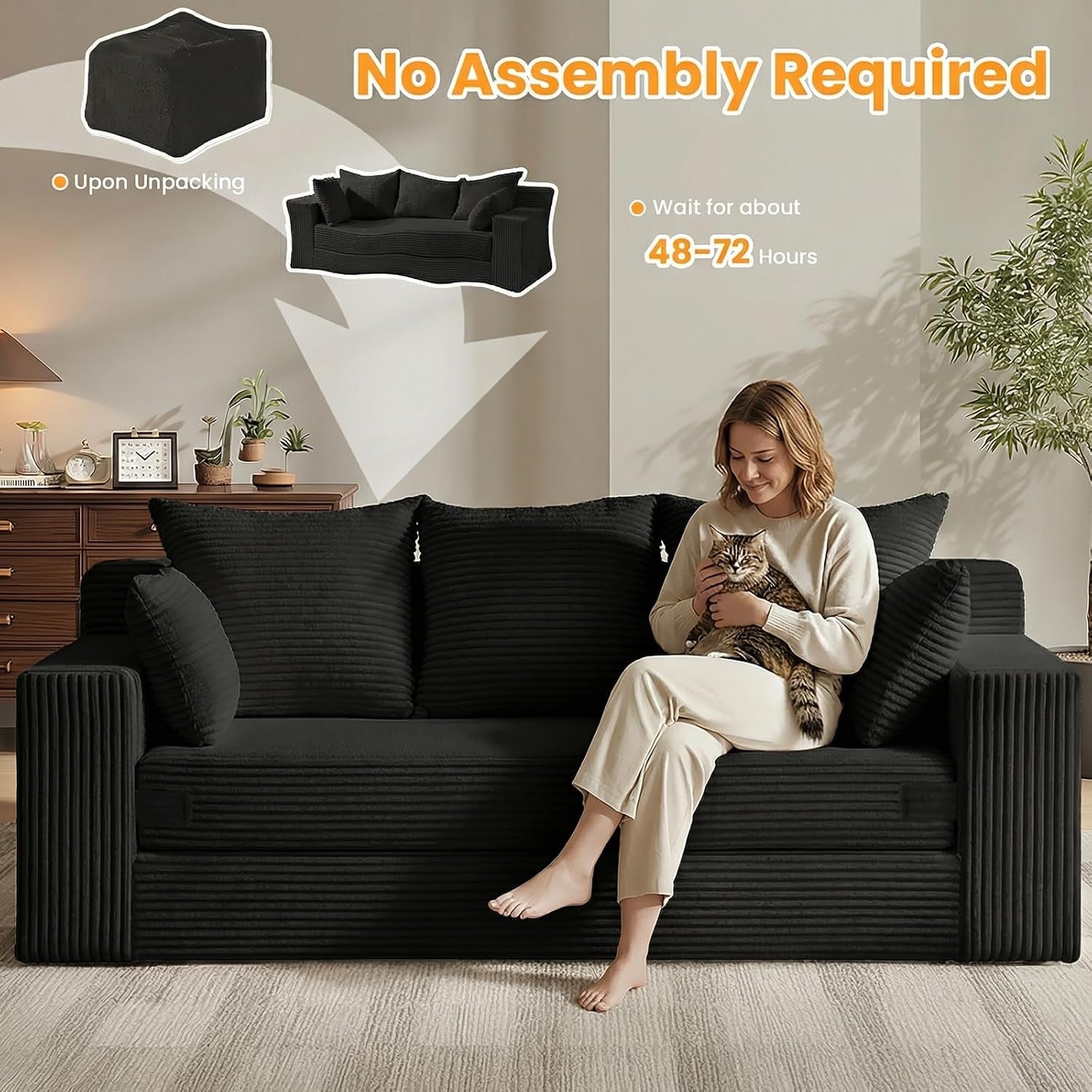 Convertible Sofa Bed, Pull Out 3 Seater Sleeper Sofa, 70" Black Boneless Couch Fold Out Floor Couch with 5 Pillows for Living Room Bedroom Lounge Small Space