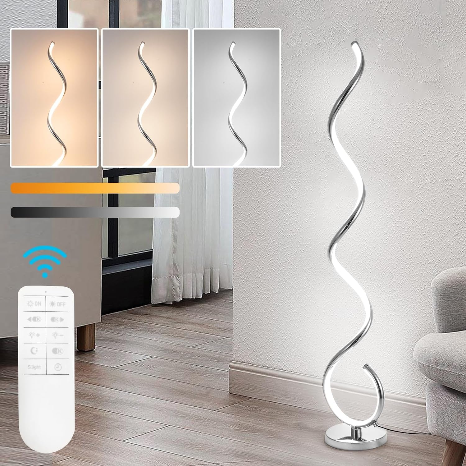 Curved chrome spiral floor lamp lit against a textured wall near a window and low armchair.