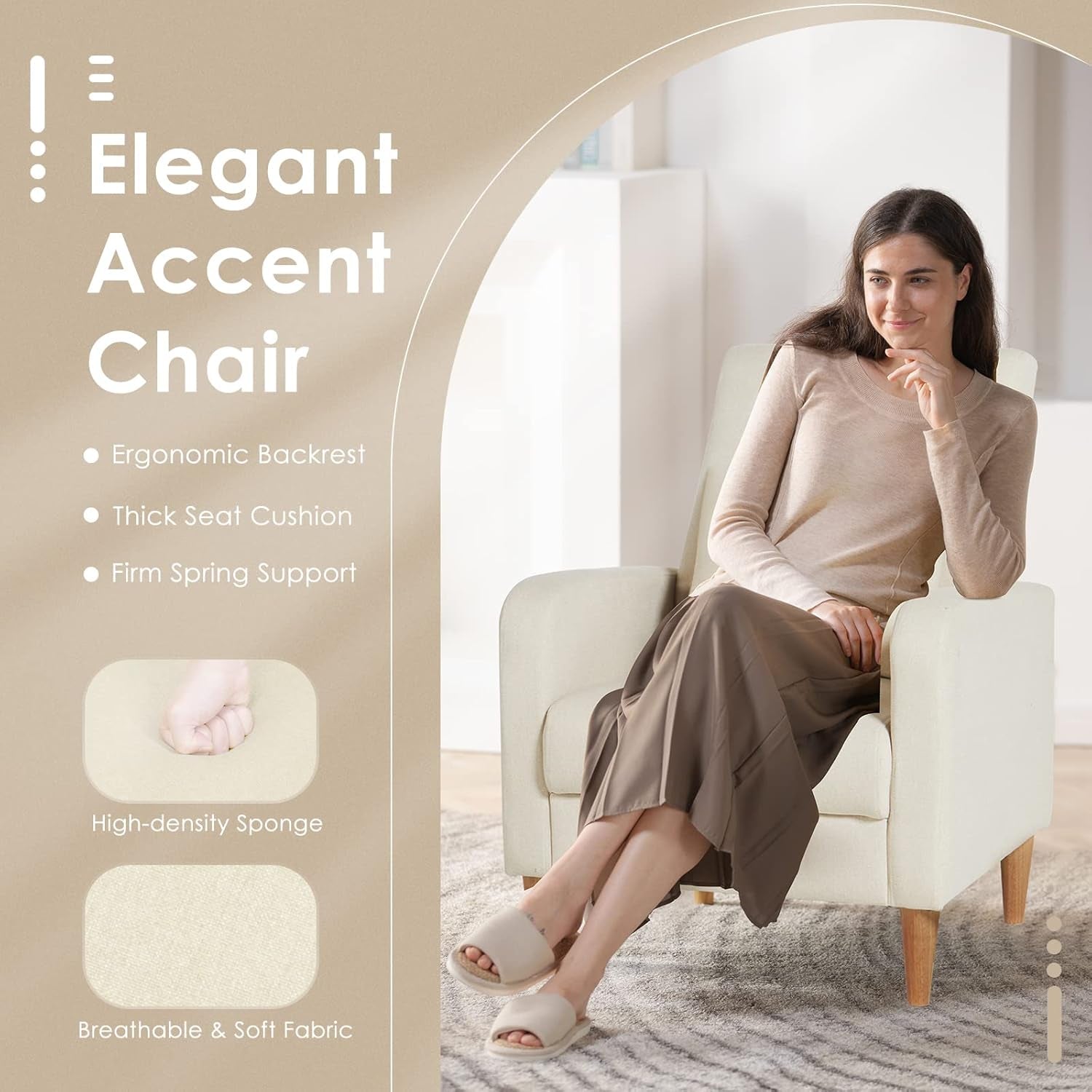 Beige accent chair shown from front with callouts highlighting high-density foam and breathable fabric