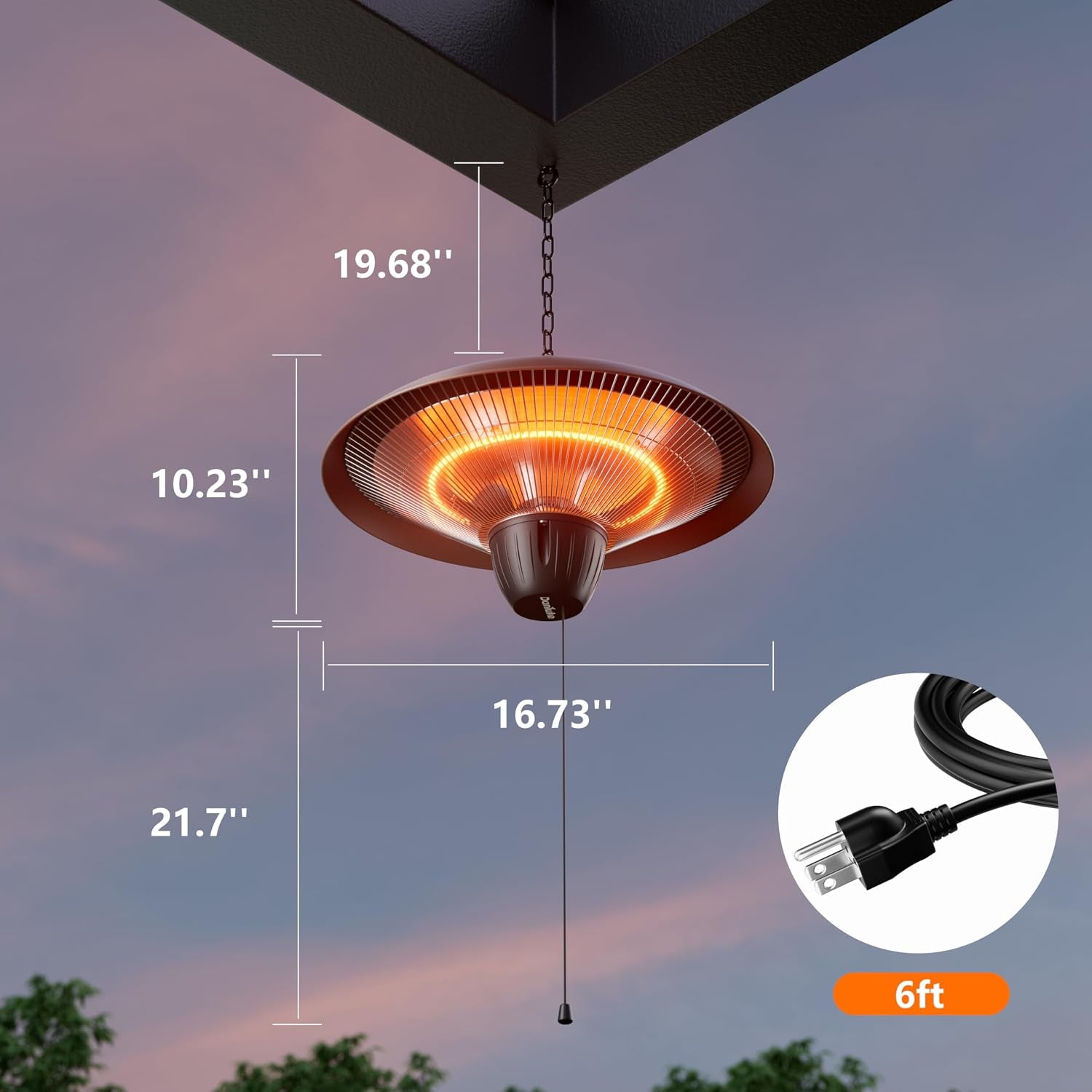 Hanging heater shown with measurement overlays and an inset showing the six-foot power cord and hanging length indicators