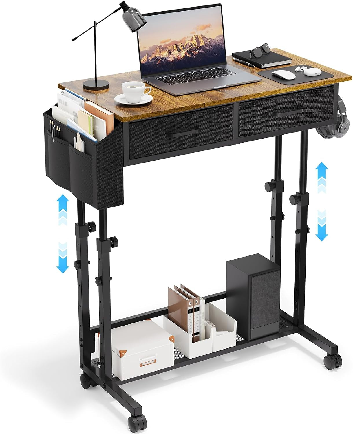 Angled studio shot of the black desk with woodgrain top, two fabric drawers, side pocket and lower mesh shelf with