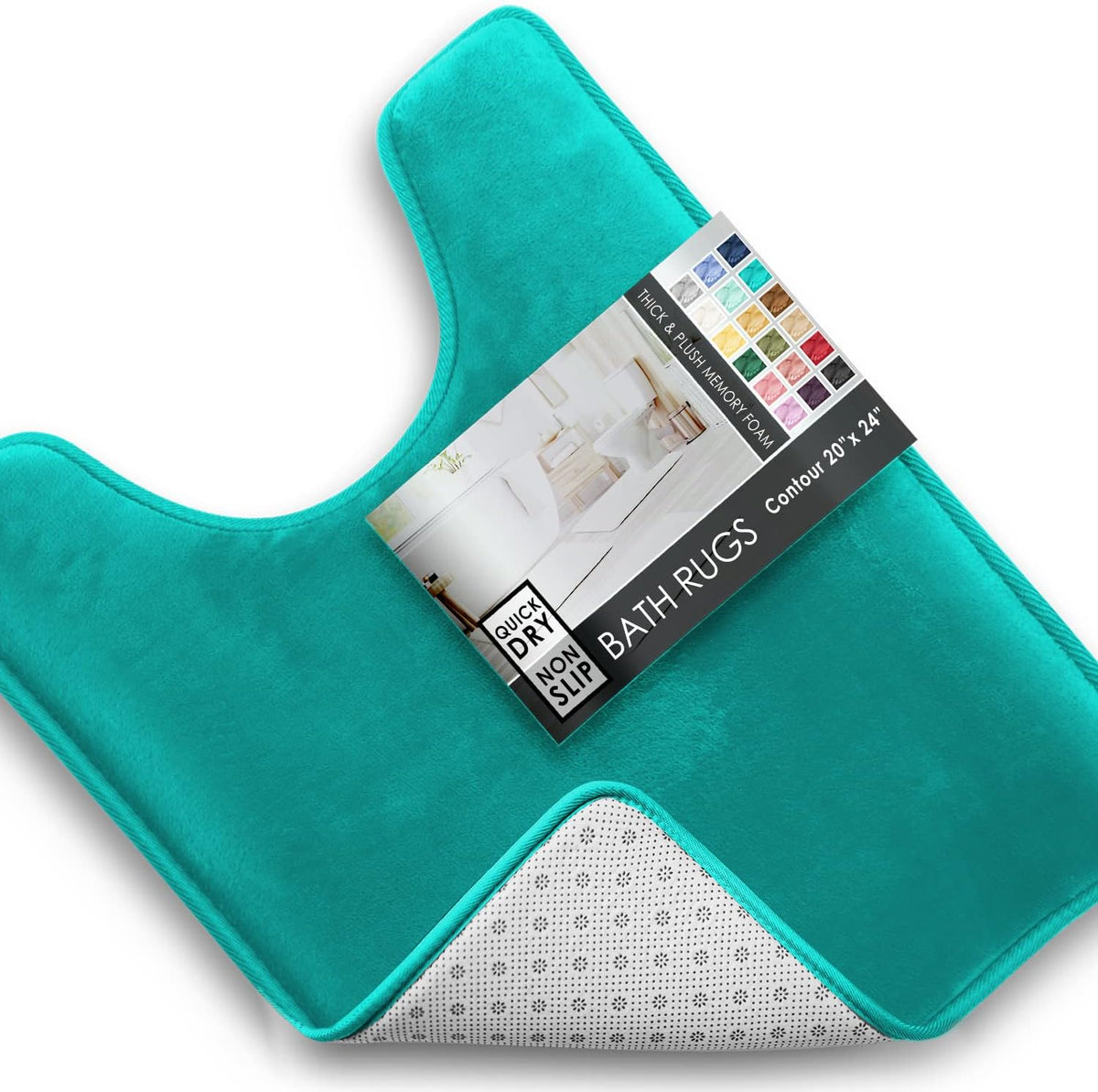 Teal U-shaped contour mat shown from above with packaging label and a corner turned to show dotted underside.