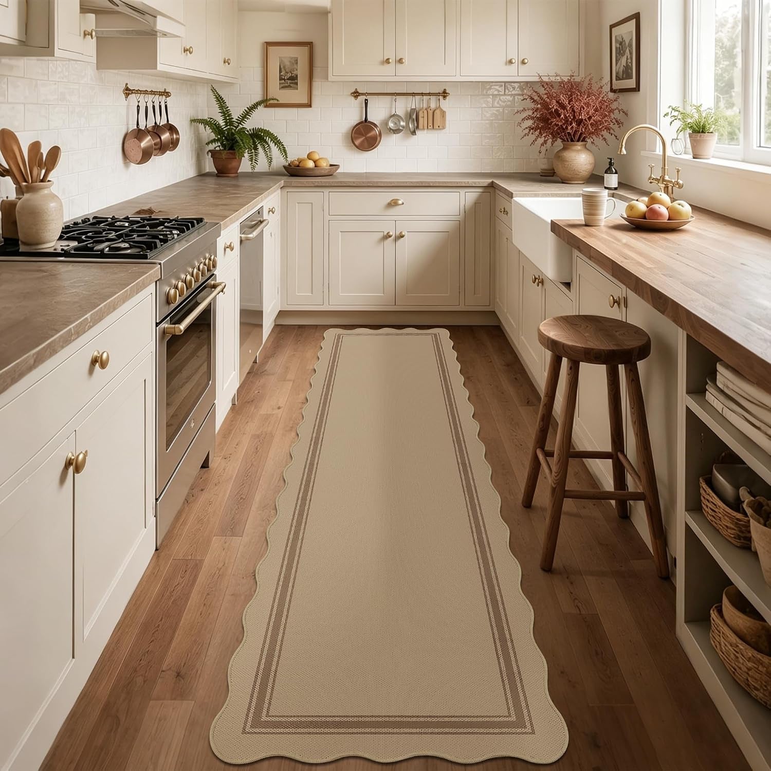 Long scalloped beige runner centered in a bright farmhouse kitchen on wood floors
