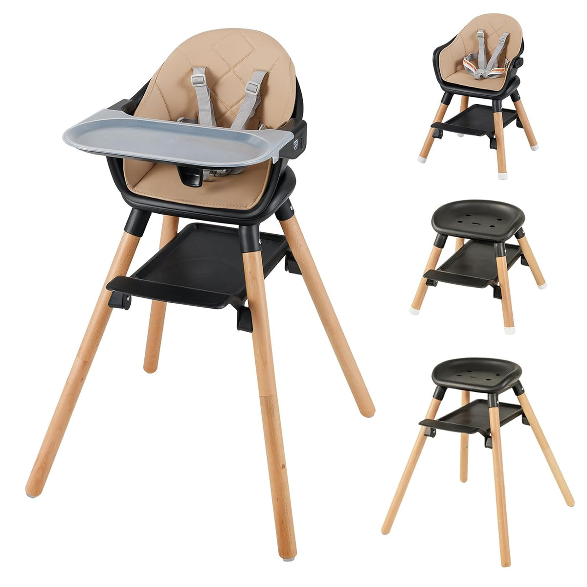 Three-quarter view of a tan padded convertible high chair with wooden legs and removable tray.